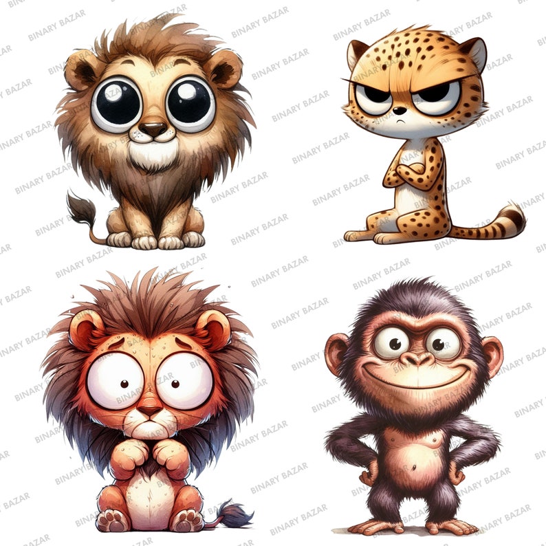 May include: Four cartoon animal illustrations: a lion with big eyes, a cheetah with an angry expression, a lion with a worried look, and a smiling monkey. Each animal is drawn in a cute, stylized manner, with vibrant colors and exaggerated features.