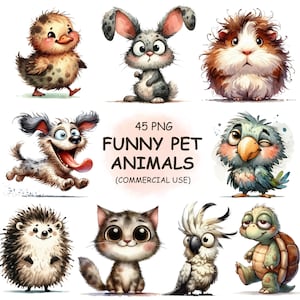 Leuke en grappige huisdieren Clipart PNG bundel aquarel eigenzinnige dieren Clip Art afdrukbare transparante kunst | Digitale download voor commercieel gebruik