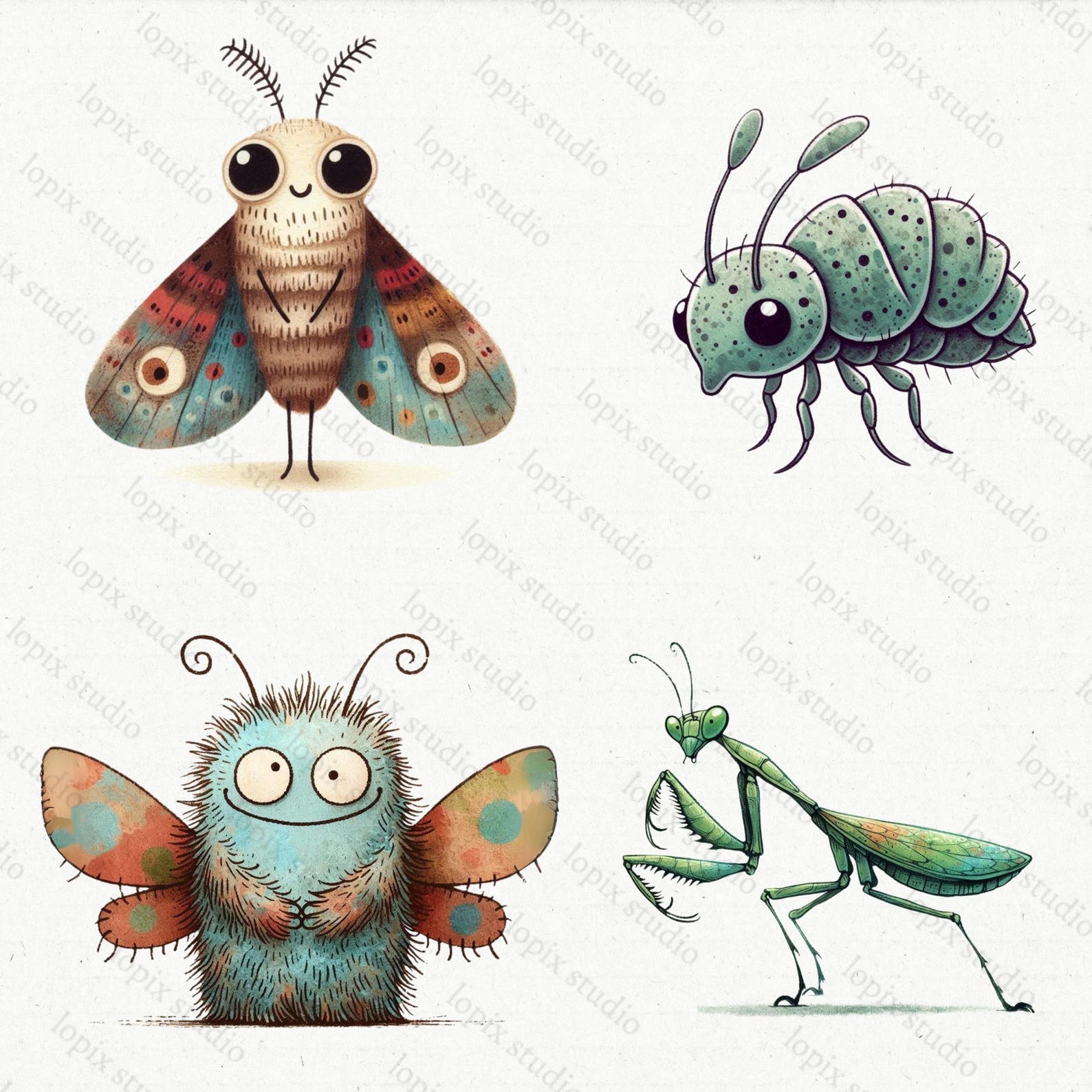 Funy Insect 34 Funny Cartoon Insect Clipart Bundle: Watercolor Fly, Mosquito, Bee ...