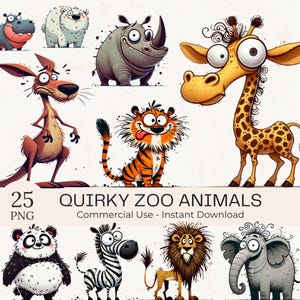 風変わりな動物園の動物のクリップアート PNG バンドル: 面白い動物アート (デジタルダウンロード)
