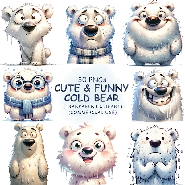 Funny and Cute Cold Polar Bear Clipart PNG Bundle - 30 Watercolor Winter Animals Transparent Clip Art | Digital Download | Commercial Use