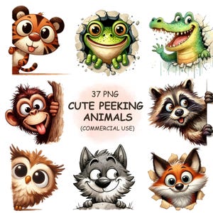 Cute Funny Peeking Animals Clipart PNG Bundle Watercolor Quirky Birds Clip Art Printable Transparent Image Digital Download Commercial Use