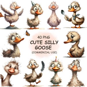 Paquete de 40 imágenes PNG de gansos divertidos y adorables: paquete de patos y gansos de acuarela con peculiares imágenes de aves divertidas, descarga digital, uso comercial