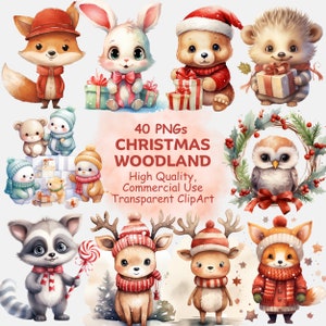 Christmas Animals Clipart PNG Bundle- 40 Aquarelle Mignon Noël Bébé Woodland, Jungle, Safari Life Clip Art- Images de téléchargement numérique imprimables