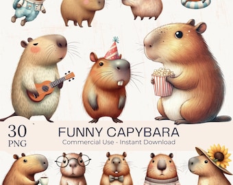 30 Funny Capybara Clipart Bundle – Watercolor Animal PNG, JPG, SVG Sublimation (Digital Download)
