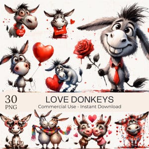 Puede incluir: Una colección de burros de dibujos animados en varias poses, sosteniendo corazones, rosas y mensajes de San Valentín. La imagen incluye el texto "LOVE DONKEYS" y "30 PNG". Los burros son grises y blancos con detalles rojos.