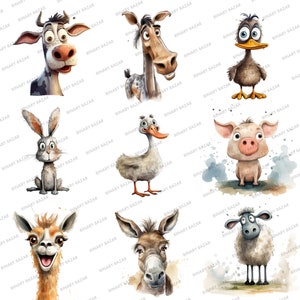 May include: A digital illustration of nine farm animals. The animals are a cow, a horse, a duck, a rabbit, a pig, a llama, a donkey, and a sheep. The animals are all drawn in a cartoon style with watercolor textures.