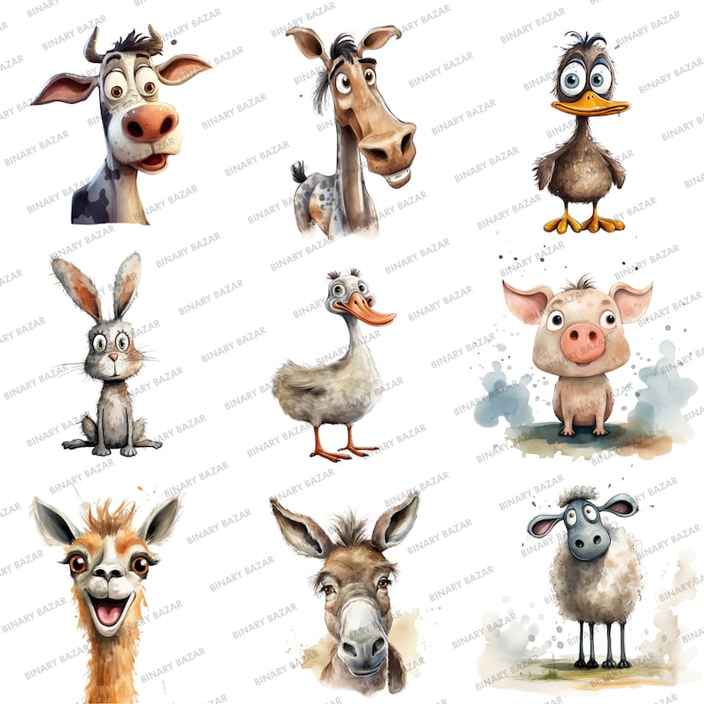 May include: A digital illustration of nine farm animals. The animals are a cow, a horse, a duck, a rabbit, a pig, a llama, a donkey, and a sheep. The animals are all drawn in a cartoon style with watercolor textures.