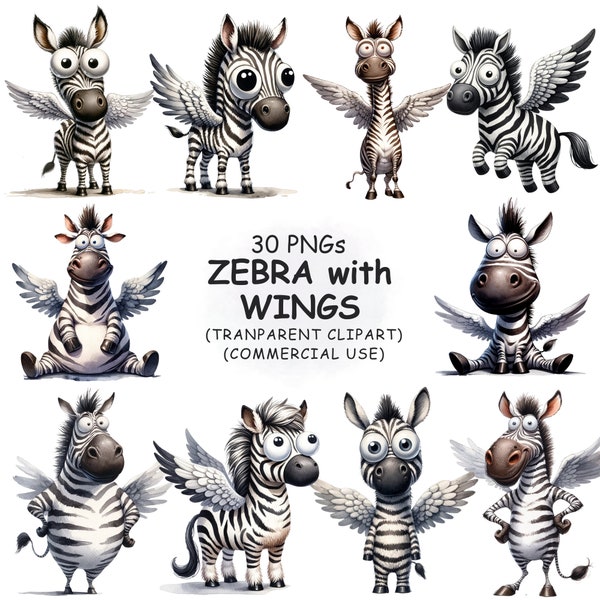 Cute & Funny Zebra with Wings Clipart PNG Bundle - 30 Watercolor Fantasy Animals | Transparent Clip Art | Digital Download | Commercial Use