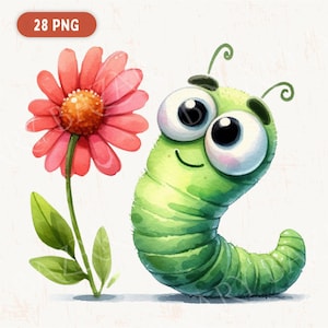 May include: A digital illustration of a bright green caterpillar with large, expressive eyes and two antennae, positioned next to a vibrant pink flower with a yellow center and green leaves. The text 28 PNG appears in the top left corner.