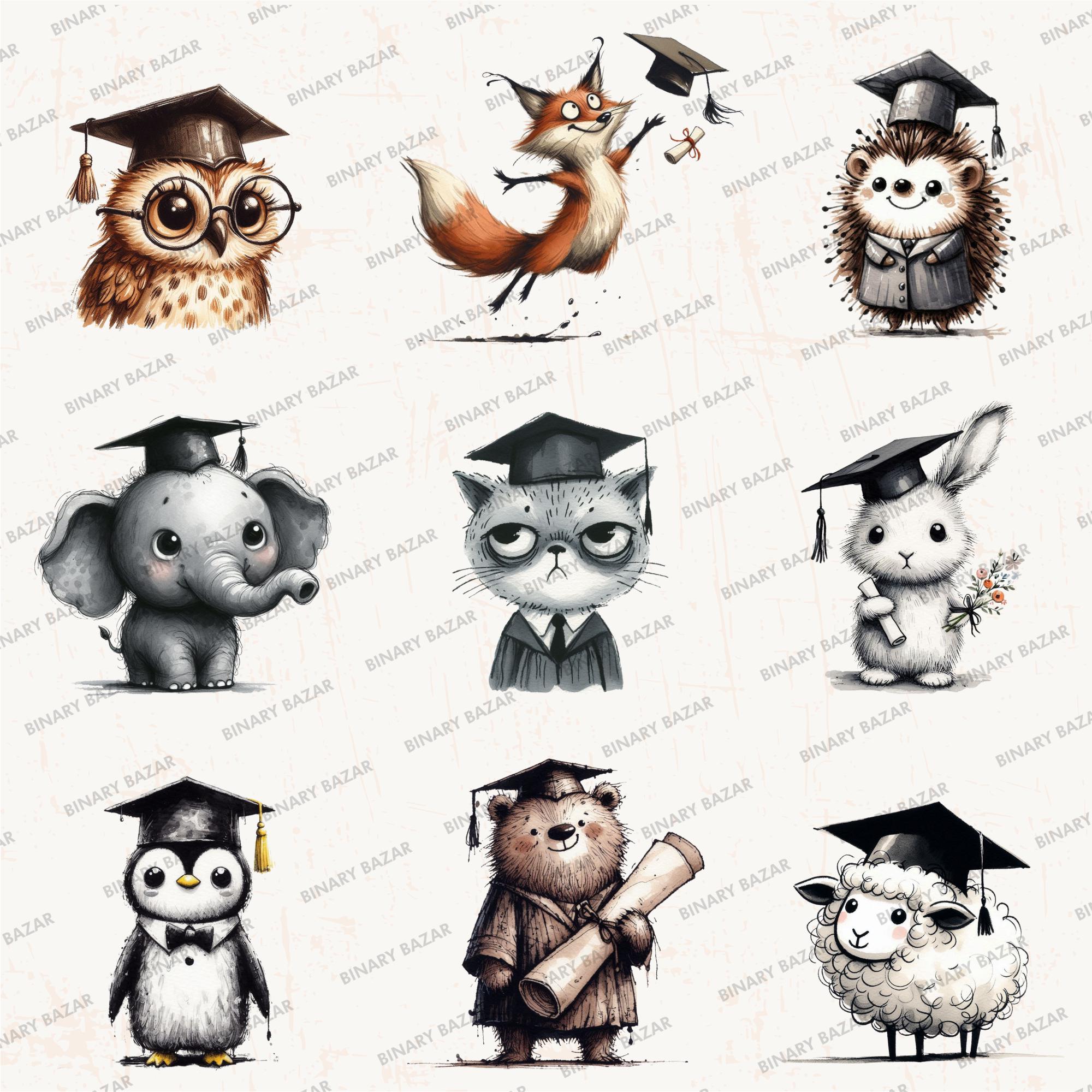 48 Quirky Graduation Animals Clipart PNG Bundle: Watercolor Funny ...
