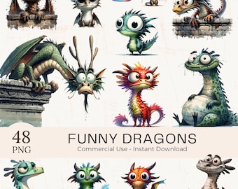 Watercolor Funny Dragons Clipart: 48 Quirky Mythical Animals (Digital Download)