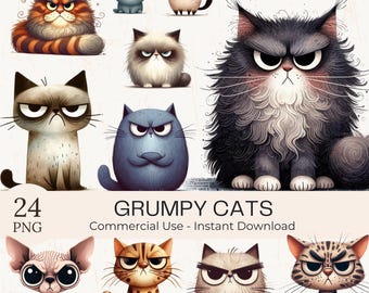 Grumpy Cats Clipart PNG | 24 Quirky Kitten Bundle | Cartoon Animals for Printable Sublimation & Crafts