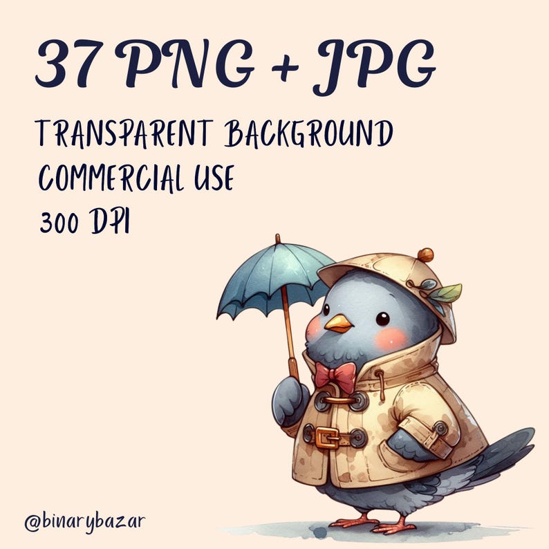 May include: A cartoon illustration of a blue bird wearing a brown raincoat and a hat, holding a blue umbrella. The bird has a red bow tie and is standing on a light pink background. The text "37 PNG + JPG", "TRANSPARENT BACKGROUND", "COMMERCIAL USE", "300 DPI", and "@binarybazar" is visible in the image.