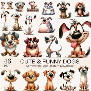 Clipart di cani stravaganti e divertenti - 46 illustrazioni di cuccioli in formato PNG con cartoni animati ad acquerello (uso commerciale, download digitale)
