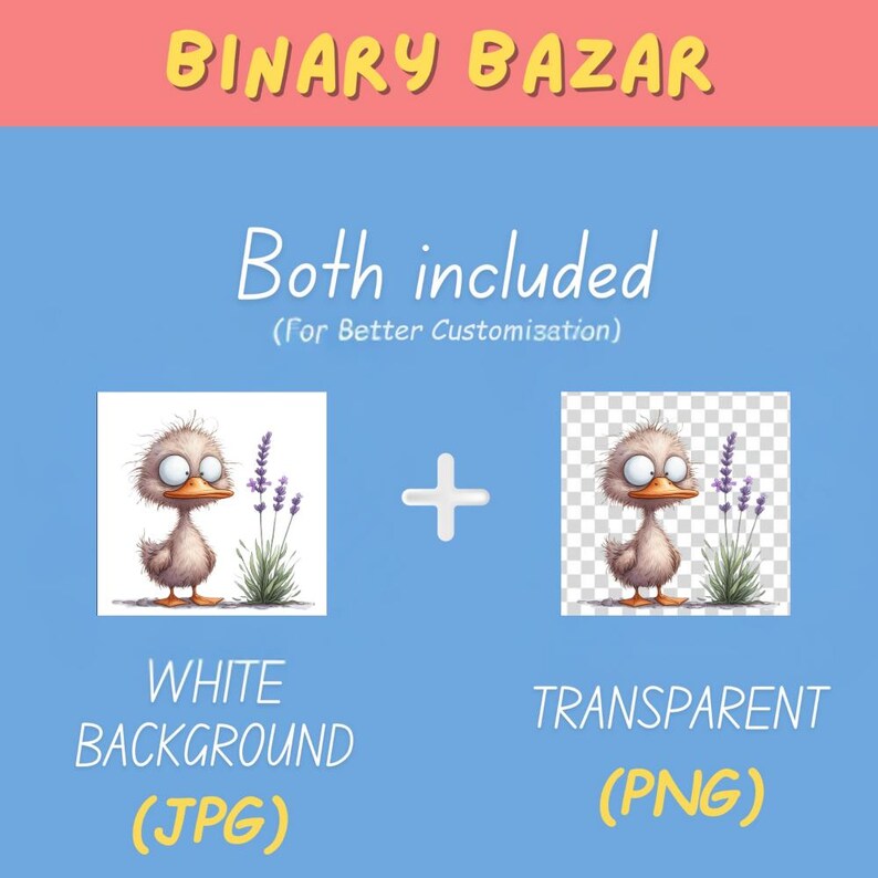 May include: A cartoon illustration of a fluffy duckling with lavender flowers and green grass. The image is available in two versions: one with a white background and one with a transparent background. Both versions are included in the download.