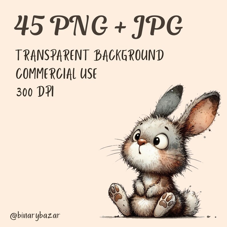 May include: A digital illustration of a cute, cartoon bunny rabbit with big, brown eyes. The bunny is sitting on a light pink background. The image is labeled "45 PNG + JPG", "Transparent Background", "Commercial Use", and "300 DPI".