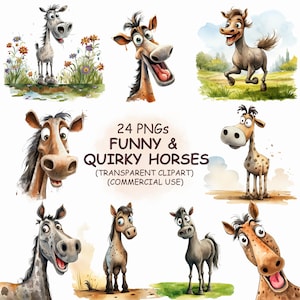 Cute Funny & Quirky Horse Clipart PNG Bundle - 24 Watercolor Horse Animal Printable Transparent Clip Art | Digital Download | Commercial Use