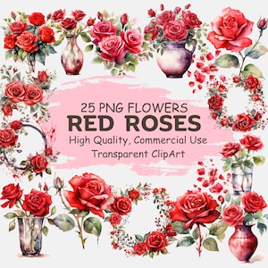 Bundle de cliparts PNG aquarelle rose rouge pour un usage commercial - décoration imprimable en téléchargement numérique - 25 roses pavot fleur bouquet floral clipart