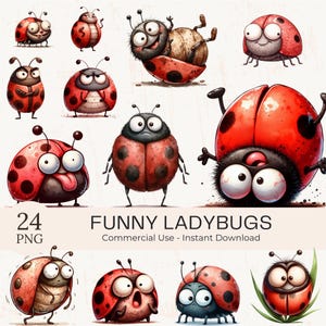 Funny Ladybug Clipart PNG Bundle: Watercolor Insect Art (Digital Download)