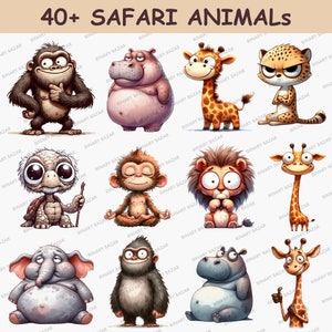 K&ouml;nnte beinhalten: Eine Sammlung von &uuml;ber 40 Comic-Safaritieren, darunter ein Gorilla, ein Flusspferd, eine Giraffe, ein Gepard, eine Schildkr&ouml;te, ein Affe, ein L&ouml;we, ein Elefant und vieles mehr. Die Tiere sind alle bunt und haben ausdrucksstarke Gesichter.
