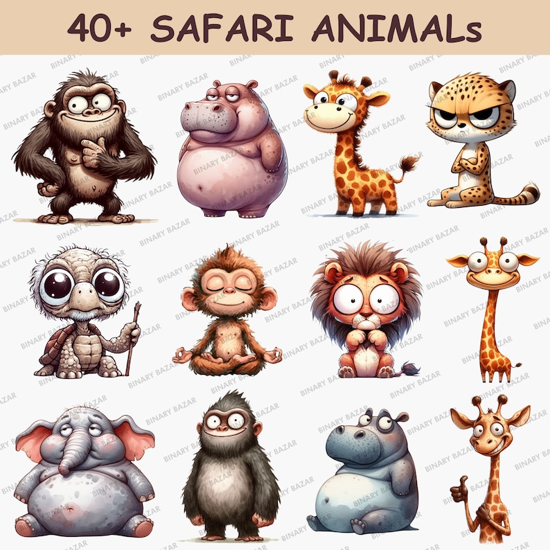 K&ouml;nnte beinhalten: Eine Sammlung von &uuml;ber 40 Comic-Safaritieren, darunter ein Gorilla, ein Flusspferd, eine Giraffe, ein Gepard, eine Schildkr&ouml;te, ein Affe, ein L&ouml;we, ein Elefant und vieles mehr. Die Tiere sind alle bunt und haben ausdrucksstarke Gesichter.