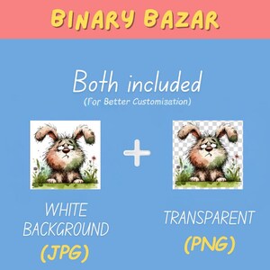 May include: A digital illustration of a sad-looking brown bunny with big ears, sitting on a patch of green grass with flowers. The image is available in two versions: one with a white background and one with a transparent background.