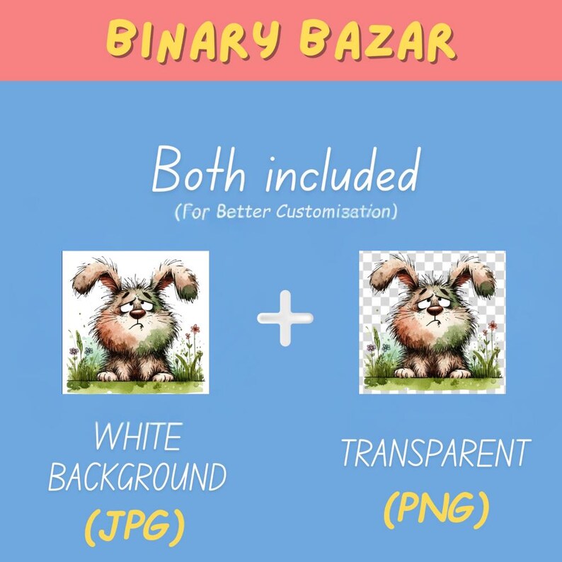 May include: A digital illustration of a sad-looking brown bunny with big ears, sitting on a patch of green grass with flowers. The image is available in two versions: one with a white background and one with a transparent background.
