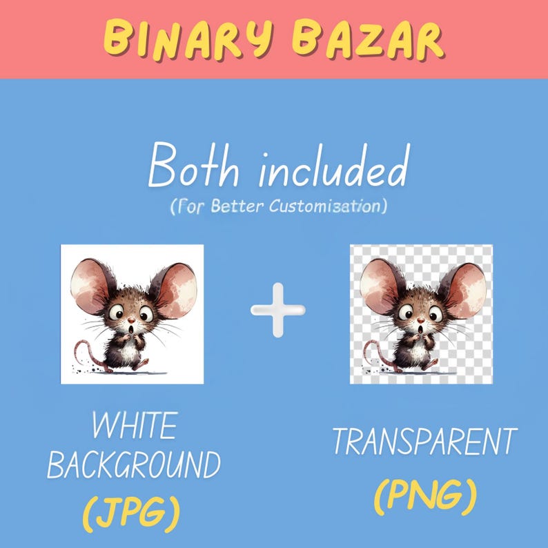 May include: A digital illustration of a cute cartoon mouse with big ears and a surprised expression. The image is available in two versions: one with a white background and one with a transparent background. Both versions are included in the download.