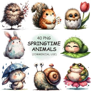 40 printemps animaux Clipart mignon jardin animaux PNG Bundle - aquarelle Safari printemps saison animaux Clip Art, téléchargement numérique à usage commercial