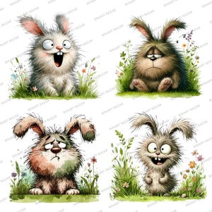 May include: Four watercolor illustrations of cartoon rabbits with different expressions. The rabbits are depicted in a grassy field with flowers. The rabbits have brown, gray, and white fur.