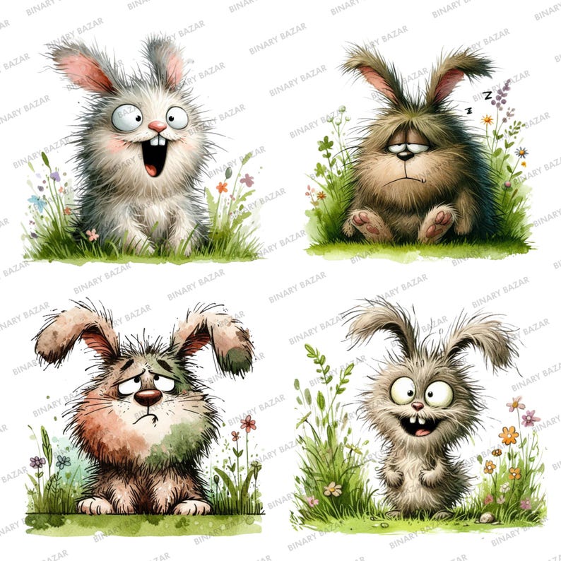 May include: Four watercolor illustrations of cartoon rabbits with different expressions. The rabbits are depicted in a grassy field with flowers. The rabbits have brown, gray, and white fur.