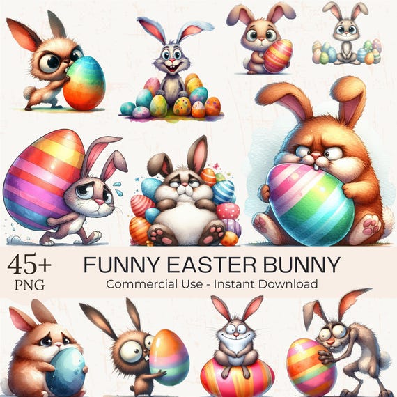 Funny Easter Bunny Clipart PNG Bundle - 45 Watercolor Quirky Rabbit Clip Art (Commercial Use)