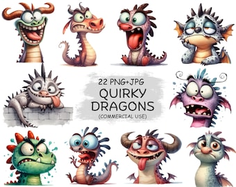 Watercolor Funny Dragon Clipart: Monster Animals Bundle (Digital Download)