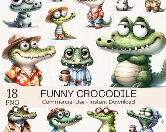 Aquarell schrulligen Krokodil Clipart Bundle: Lustiger Alligator PNG für Sublimation (kommerzielle Nutzung)
