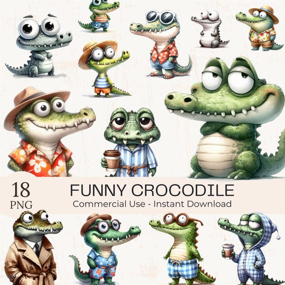Watercolor Quirky Crocodile Clipart Bundle: Funny Alligator PNG for Sublimation (Commercial Use)