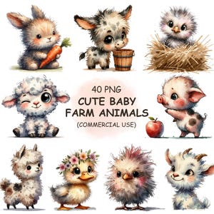 Imágenes prediseñadas de animales de granja bebés lindos PNG: 40 animales de granja en acuarela: vaca, cabra, cerdo, oveja, caballo, pollo. Descarga digital. Uso comercial.