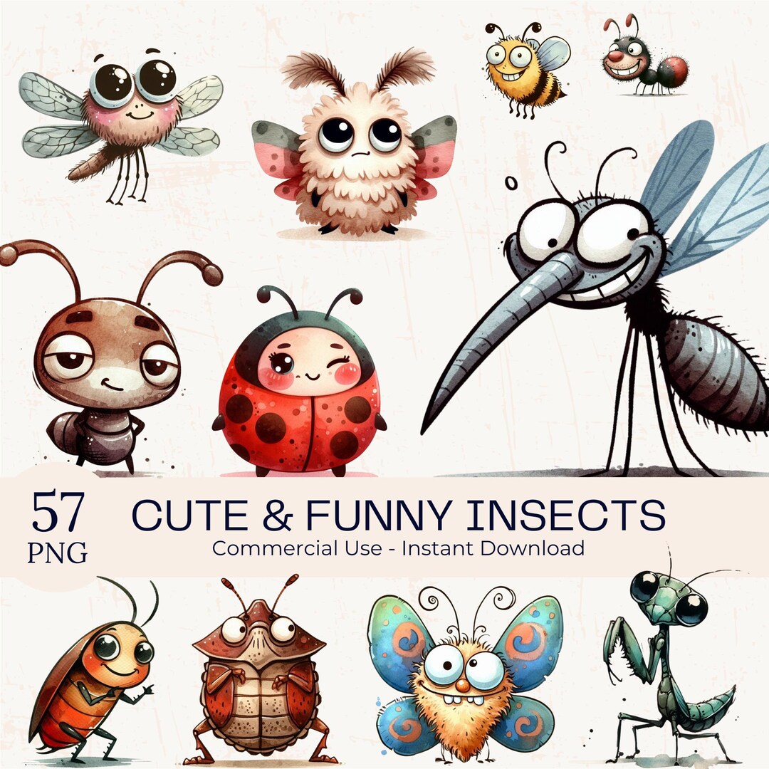 57 Funny Insects Clipart PNG: Watercolor Quirky Bee, Butterfly, Fly ...