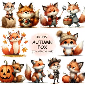 Ensemble de cliparts PNG mignon renard automne – 34 illustrations originales et fantaisistes de renard automne & graphismes animaux des bois confortables, téléchargement numérique imprimable