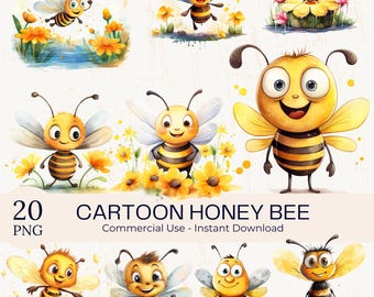 May include: A collection of 20 cartoon honey bee PNG images. The bees are yellow and black with large eyes and wings. Some bees are shown near flowers and water. The text "CARTOON HONEY BEE" is displayed.