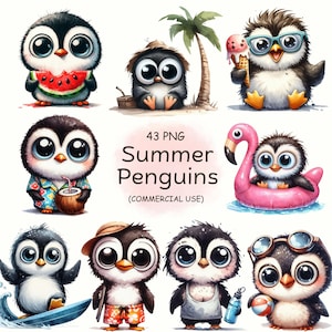 Summer Penguins Cartoon Clipart PNG Bundle - 34 Cute Funny Watercolor Quirky Animals, Junk Journal, Scrapbook, Card Making, Digital Download
