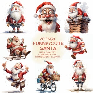 Pacote de clipart PNG de Papai Noel de Natal engraçado e fofo - 20 clipart de Papai Noel de Natal peculiares em aquarela, imagens digitais para impressão de feriados para download