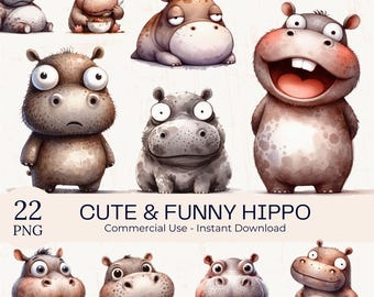 Watercolor Hippo Clipart: Funny Safari Animal PNG Images (Digital Download)