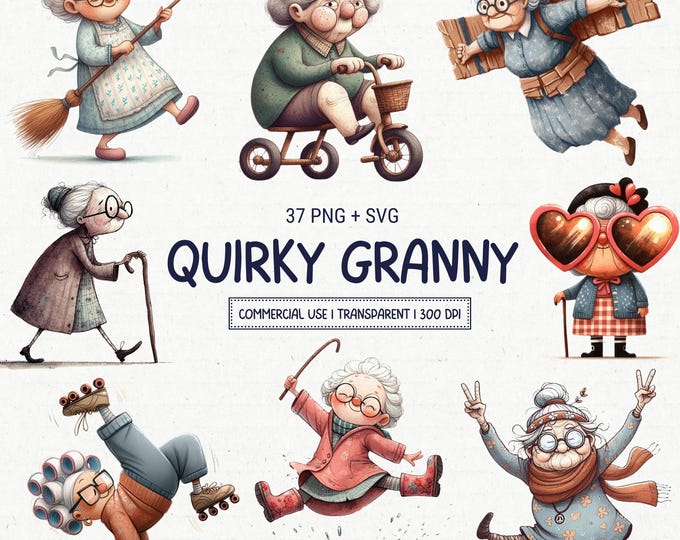 Funny Tech Granny Clipart Bundle: Whimsical Elderly Woman Pngs (digital ...