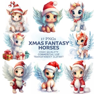 17 Uroczych świątecznych fantasy jednorożca i pegaza ClipArt PNG - akwarelowe mityczne zwierzęta Kawaii zimowe dziecko koń Clip Art - cyfrowe pobieranie