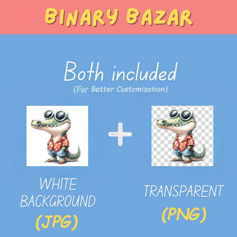 May include: A cartoon illustration of a crocodile wearing sunglasses and a red and white shirt. The image is available in two versions: one with a white background and one with a transparent background.
