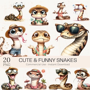 Funny Snake Clipart Bundle: 20 Quirky Wild & Safari Animal PNG (Digital Download)