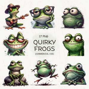 Watercolor Frog Clipart Bundle: 17 Funny Cartoon PNGs (Digital Download)