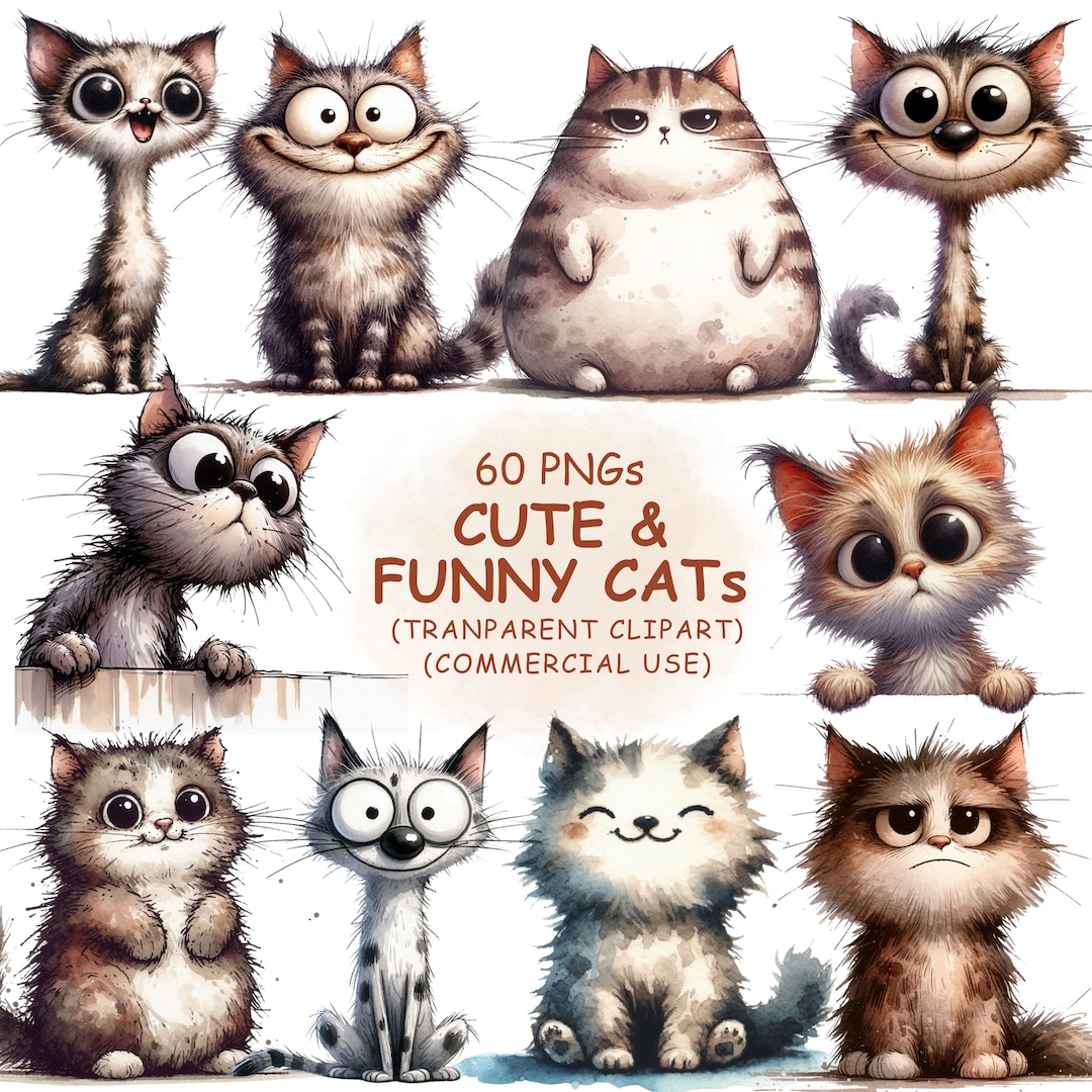 Funny and Cute Cat Clipart PNG Bundle- 60 Watercolor Quirky Animals ...