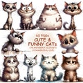 Funny and Cute Cat Clipart PNG Bundle- 60 Watercolor Quirky Animals Clip Art, Printable Transparent Art | Digital Download | Commercial Use